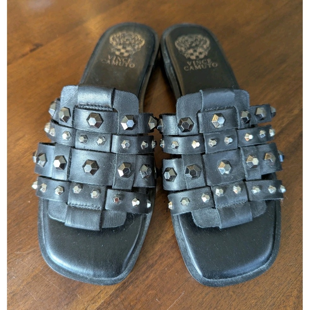 VINCE CAMUTO Womens Black Neverna Square Toe Slip On Leather Sandals Shoes 7.5 M